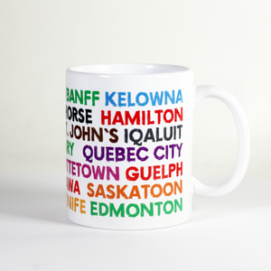 celebrate canada day with this bright and vibrant cup with names of canadian places