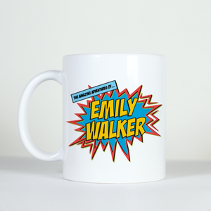 custom personalized name comic cartoon style coffee mug explosion image
