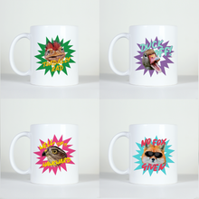 Load image into Gallery viewer, four coffee mugs with funny comic style images of animals