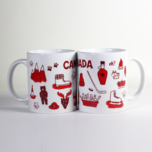 Load image into Gallery viewer, two mugs together showing illustrations of Canadian things e.g. moutains bears moose poutine maple syrup double-double hockey