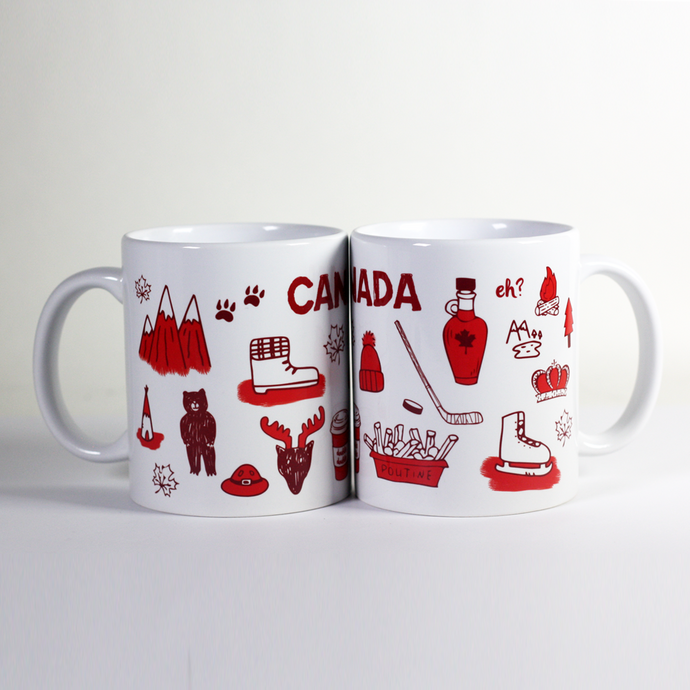two mugs together showing illustrations of Canadian things e.g. moutains bears moose poutine maple syrup double-double hockey