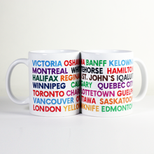 Load image into Gallery viewer, mug with names of Canadian towns and cities written in colourful font