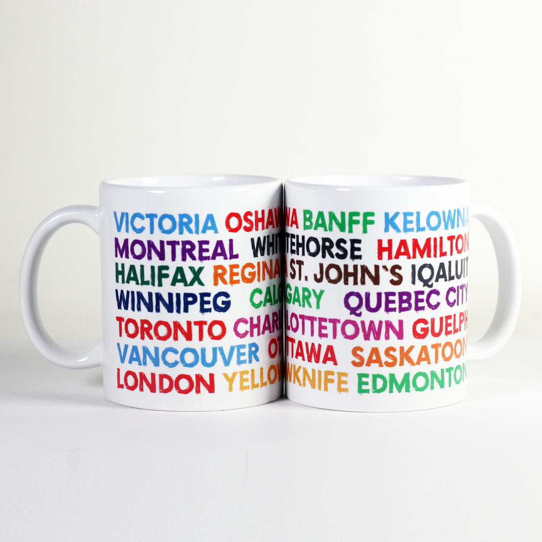 mug with names of Canadian towns and cities written in colourful font