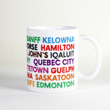 Load image into Gallery viewer, celebrate canada day with this bright and vibrant cup with names of canadian places