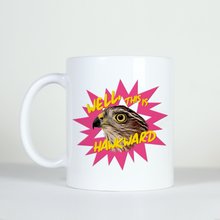 Load image into Gallery viewer, animal pun mug saying well that was hawk-ward with an image of a hawk with pink background